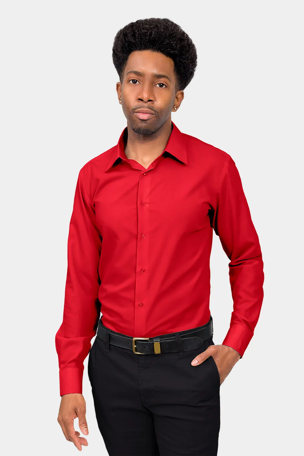 Men's Slim Fit Solid Color Dress Shirt (Red)