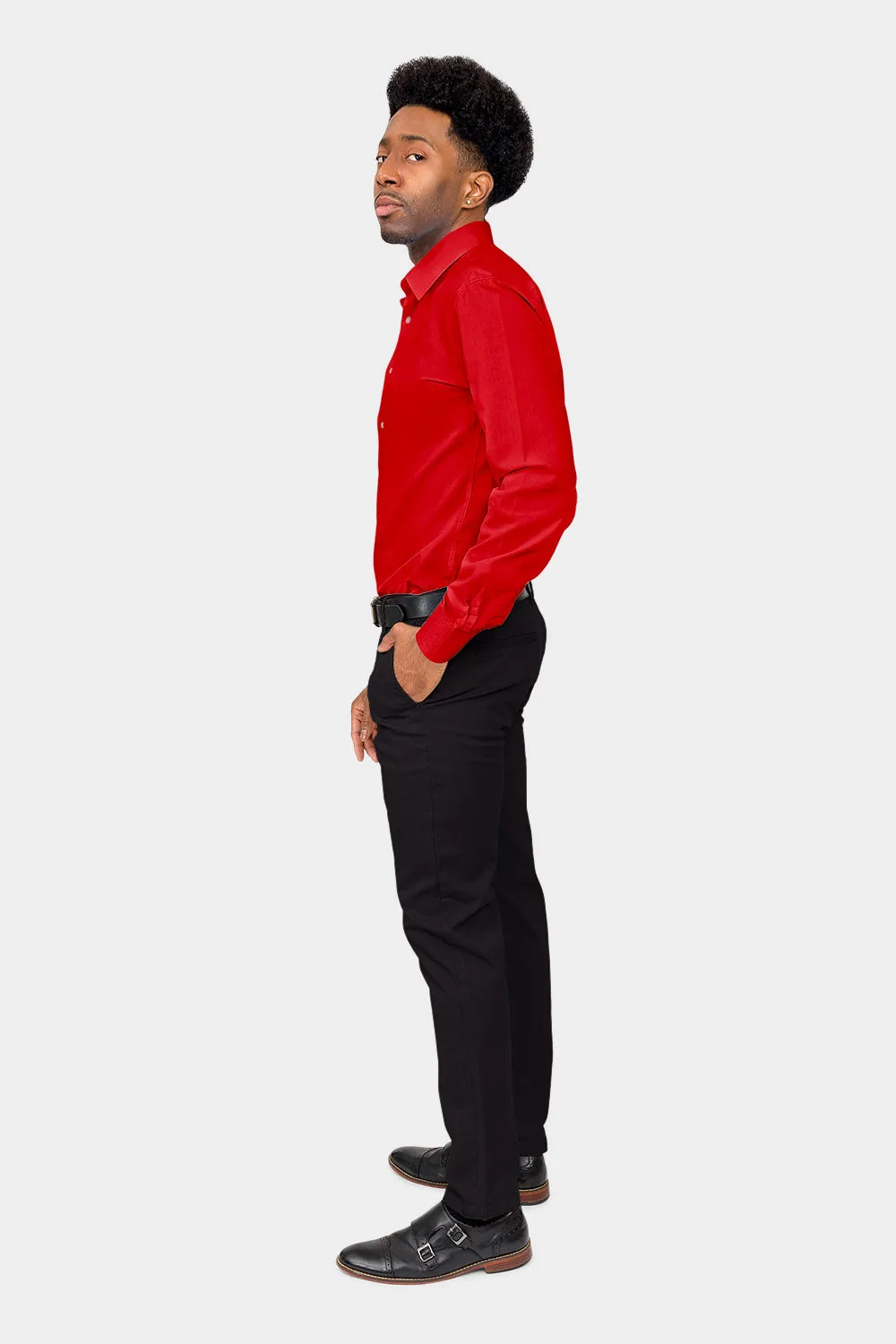 Men's Slim Fit Solid Color Dress Shirt (Red)