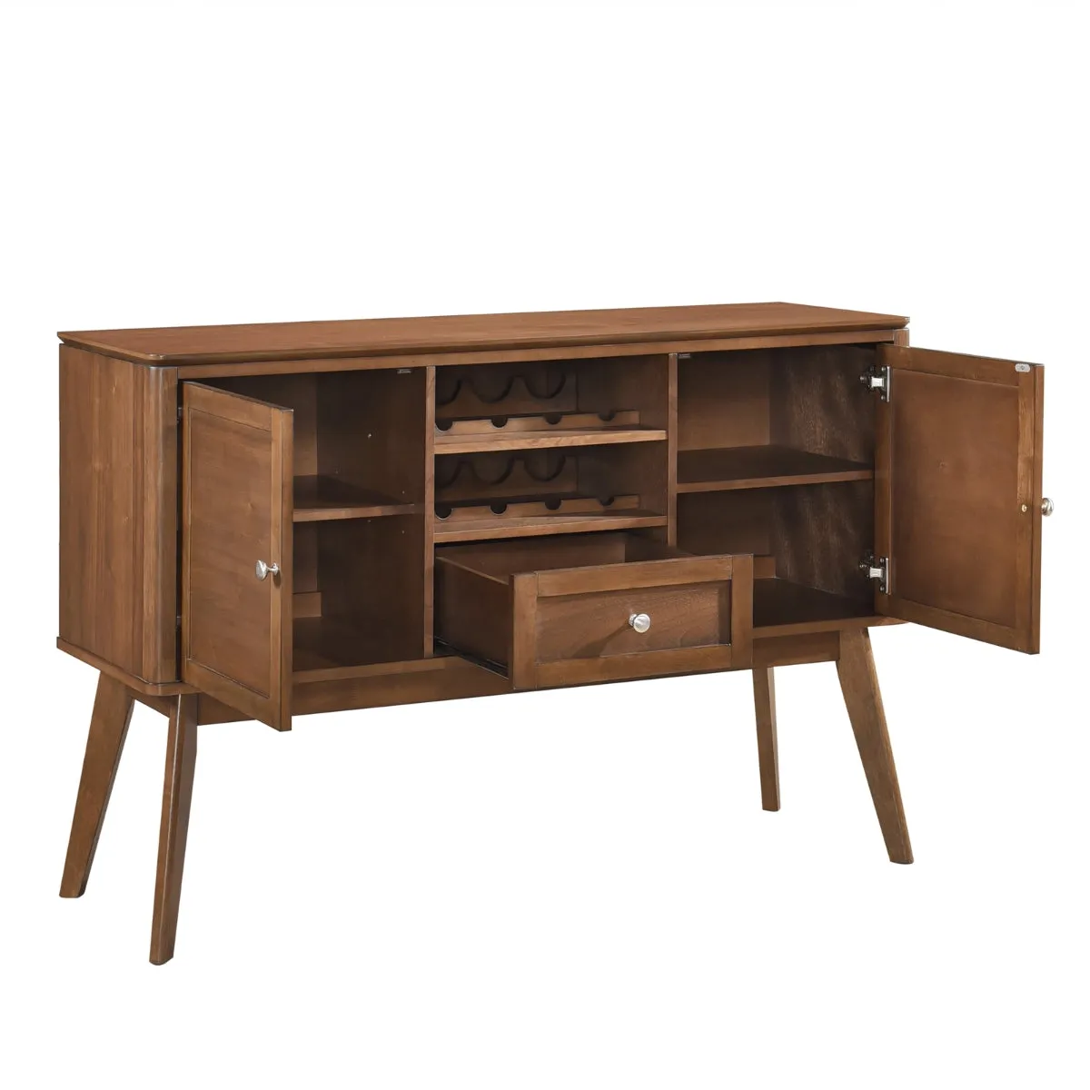 Mid-Century Modern Walnut Server with Wine Storage & Adjustable Shelves