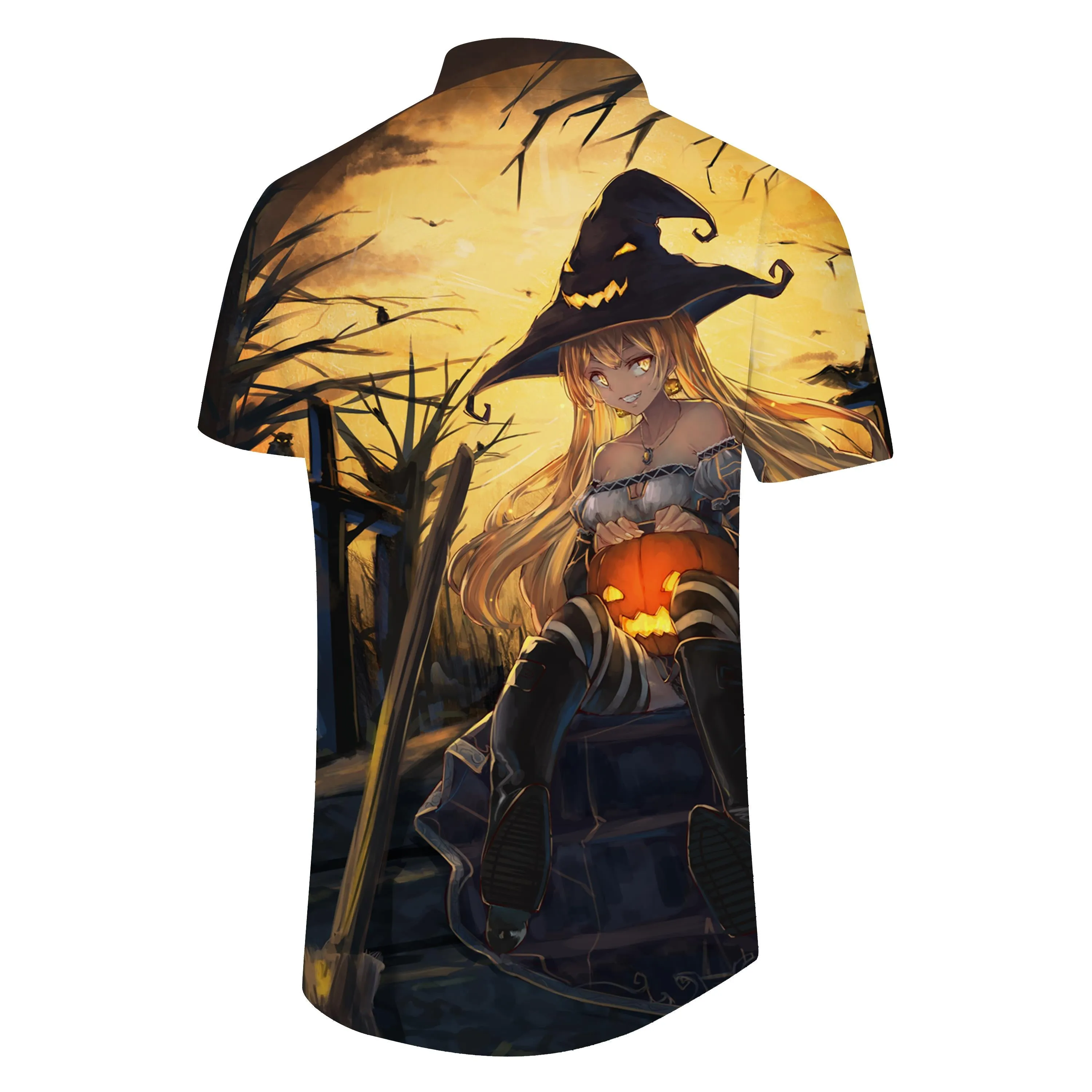 New beautiful witch cartoon pattern shirt 3D printing new men's street short-sleeved lapel casual tops fashionable and comfortable