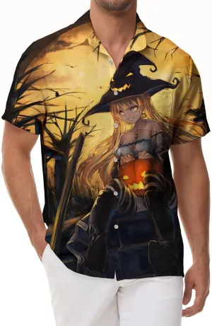 New beautiful witch cartoon pattern shirt 3D printing new men's street short-sleeved lapel casual tops fashionable and comfortable