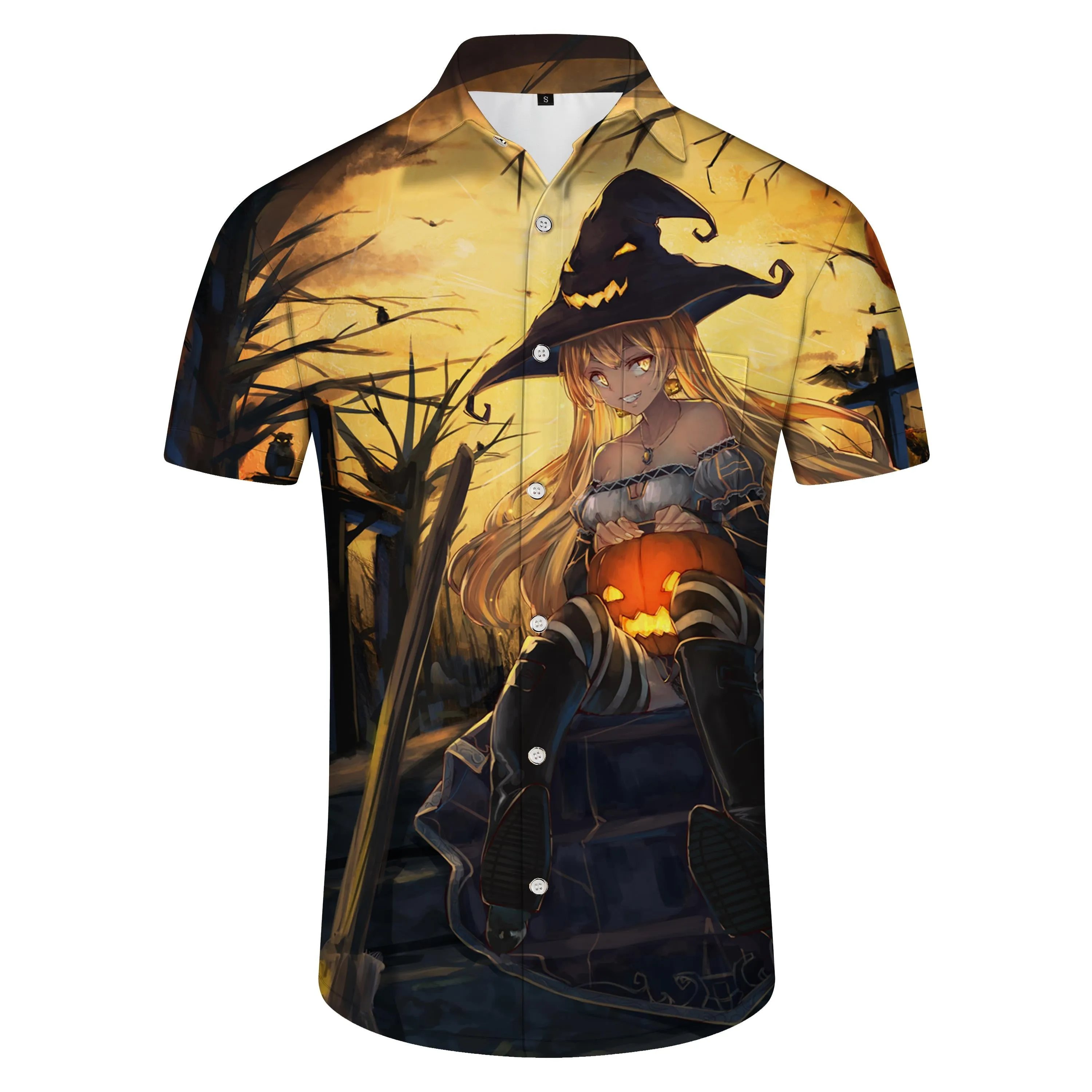 New beautiful witch cartoon pattern shirt 3D printing new men's street short-sleeved lapel casual tops fashionable and comfortable