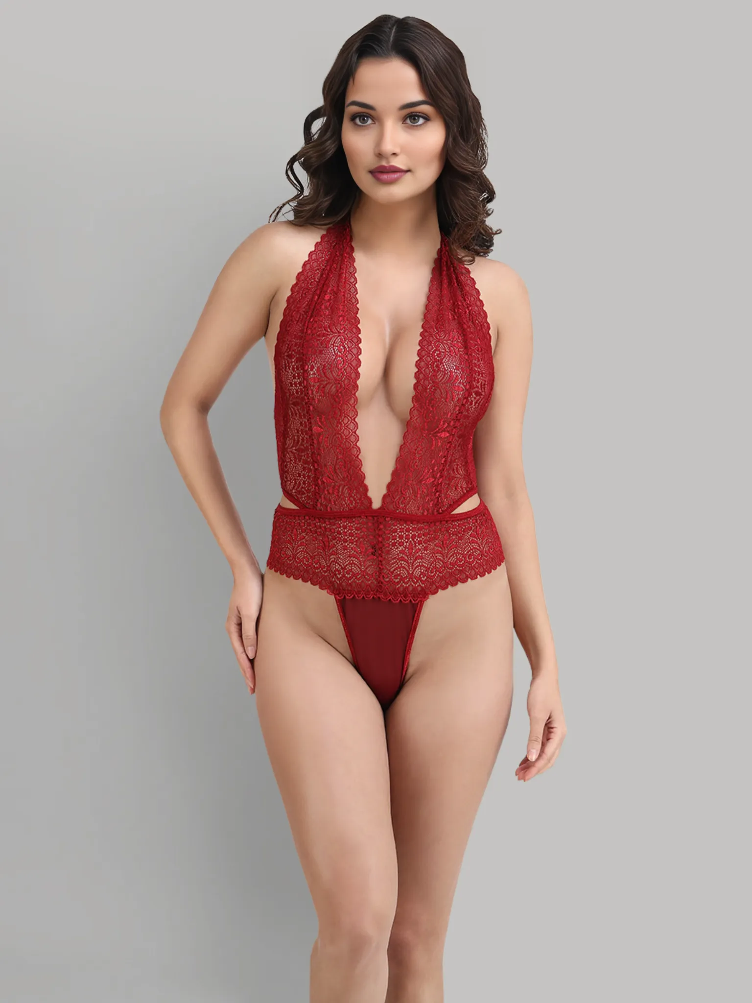 Overall Lace Exquisite Maroon Teddy Dress