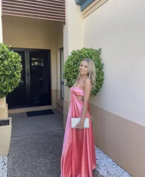 Pink Sweetheart Satin Backless Prom Dress Long Party Dress     fg5086