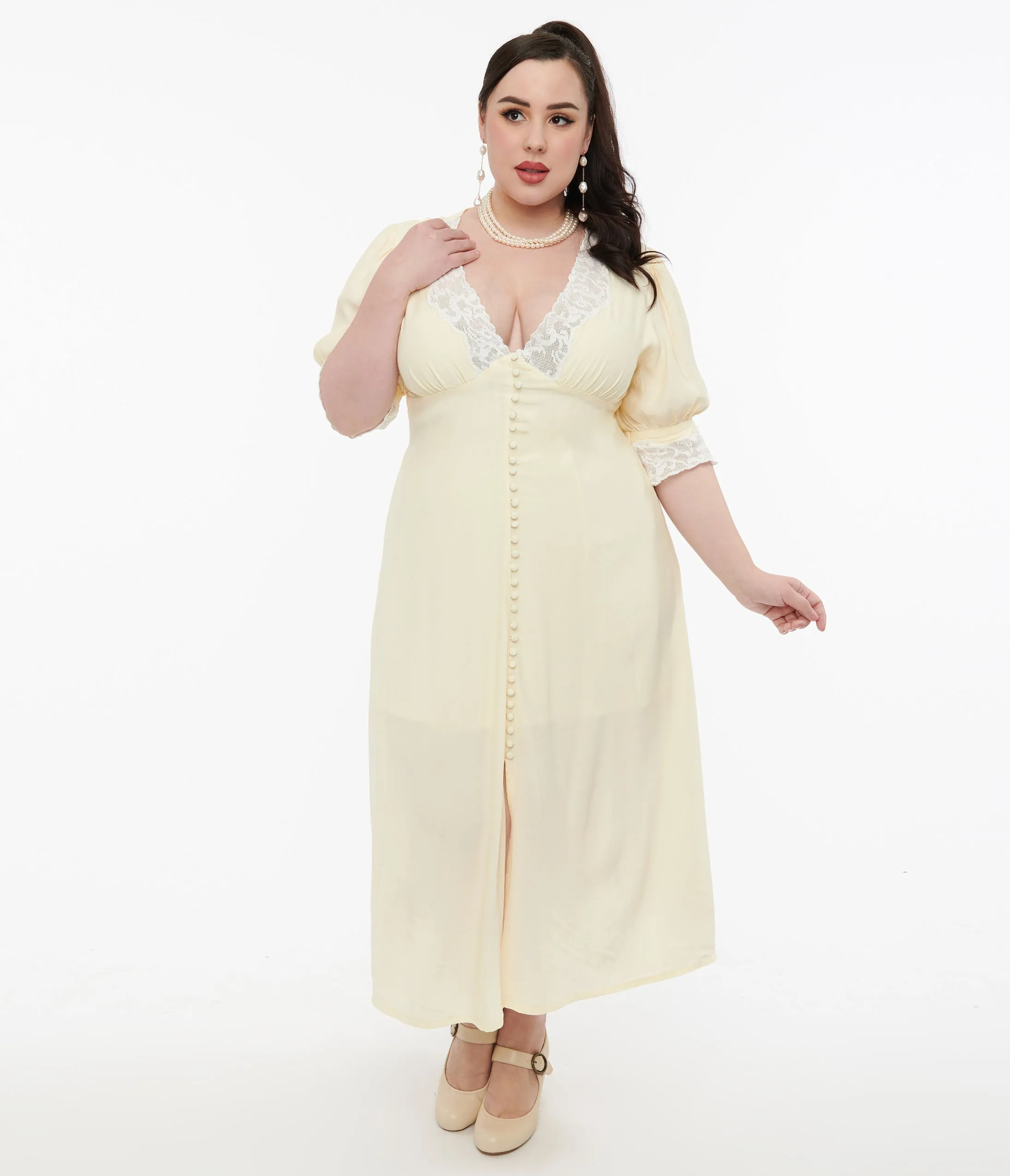 Plus Size 1930s Cream & White Lace Midi Dress