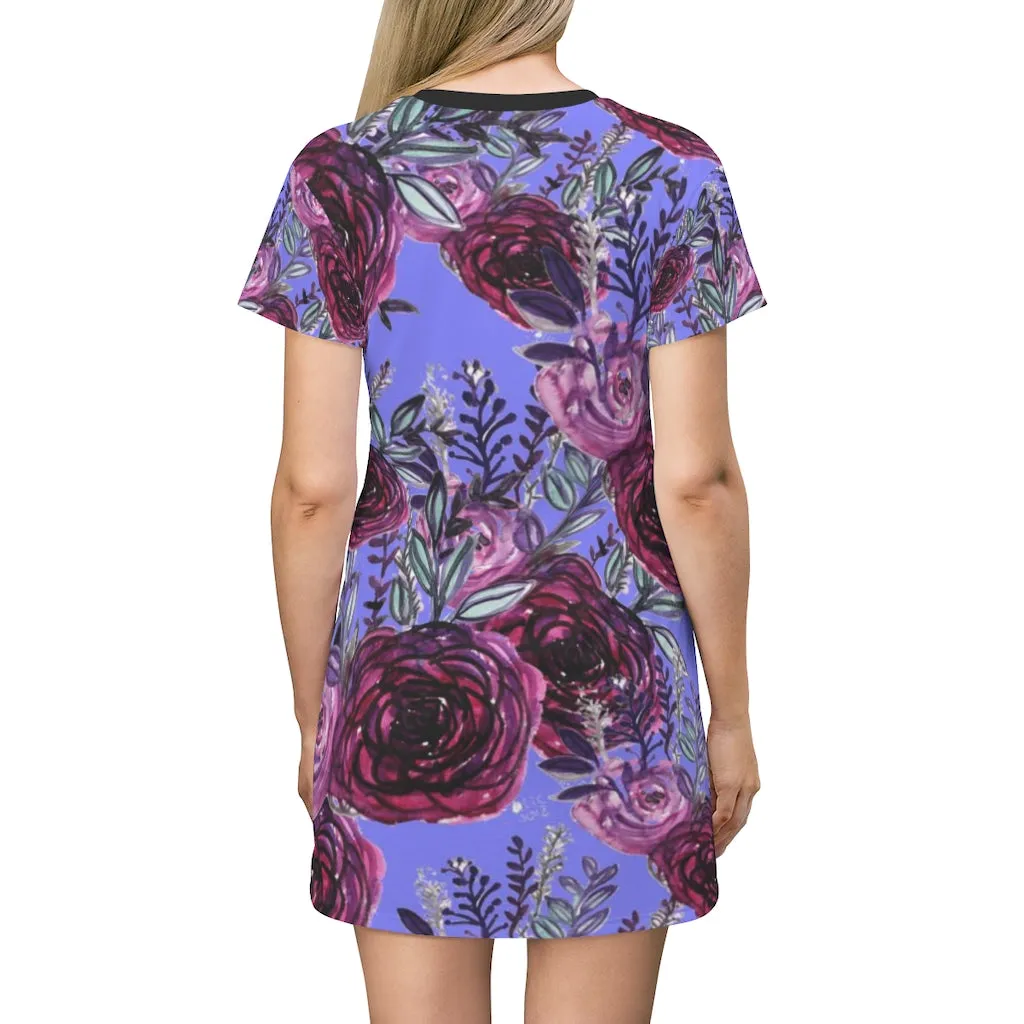 Purple Floral T-Shirt Dress, Flower Rose Print Women's Tee Shirt Dress- Made in USA (US Size: XS-2XL)