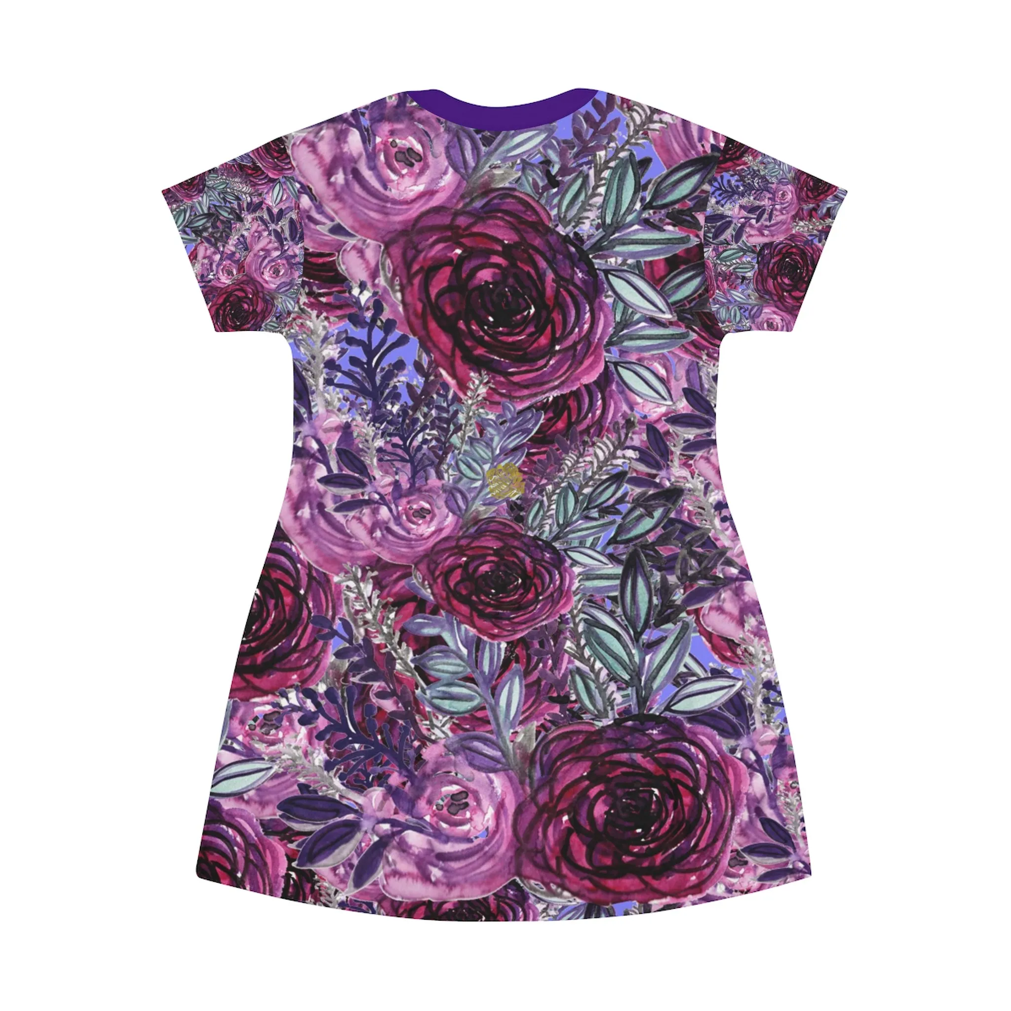 Purple Pink T-Shirt Dress, Rose Floral Print Women's Long T-Shirt Dress- Made in USA(US Size:XS-2XL)