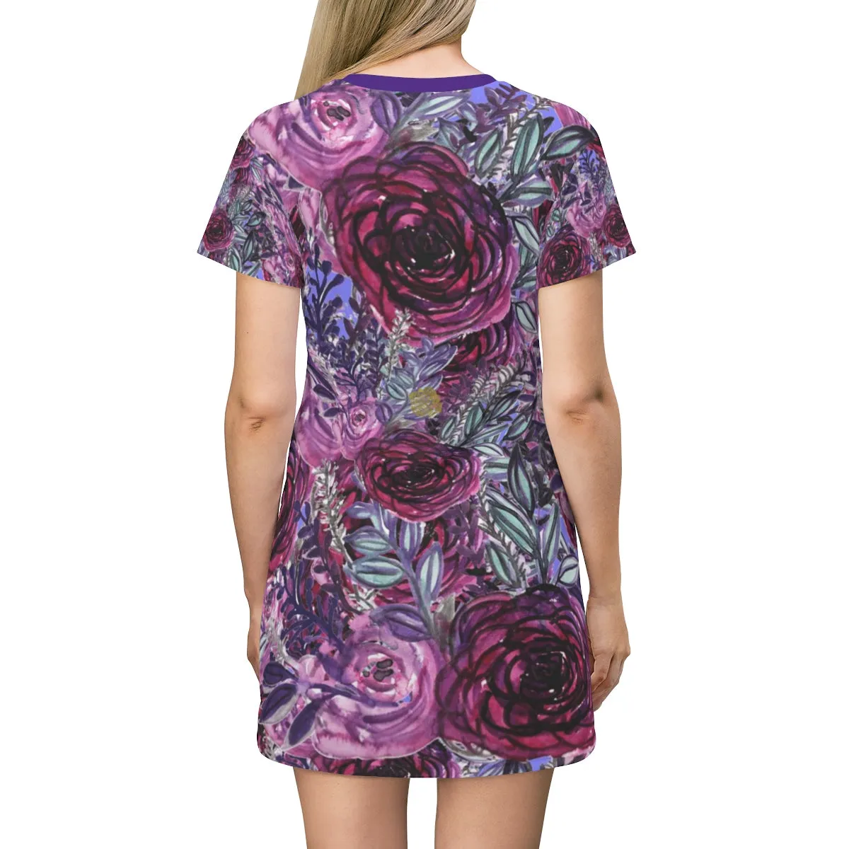 Purple Pink T-Shirt Dress, Rose Floral Print Women's Long T-Shirt Dress- Made in USA(US Size:XS-2XL)