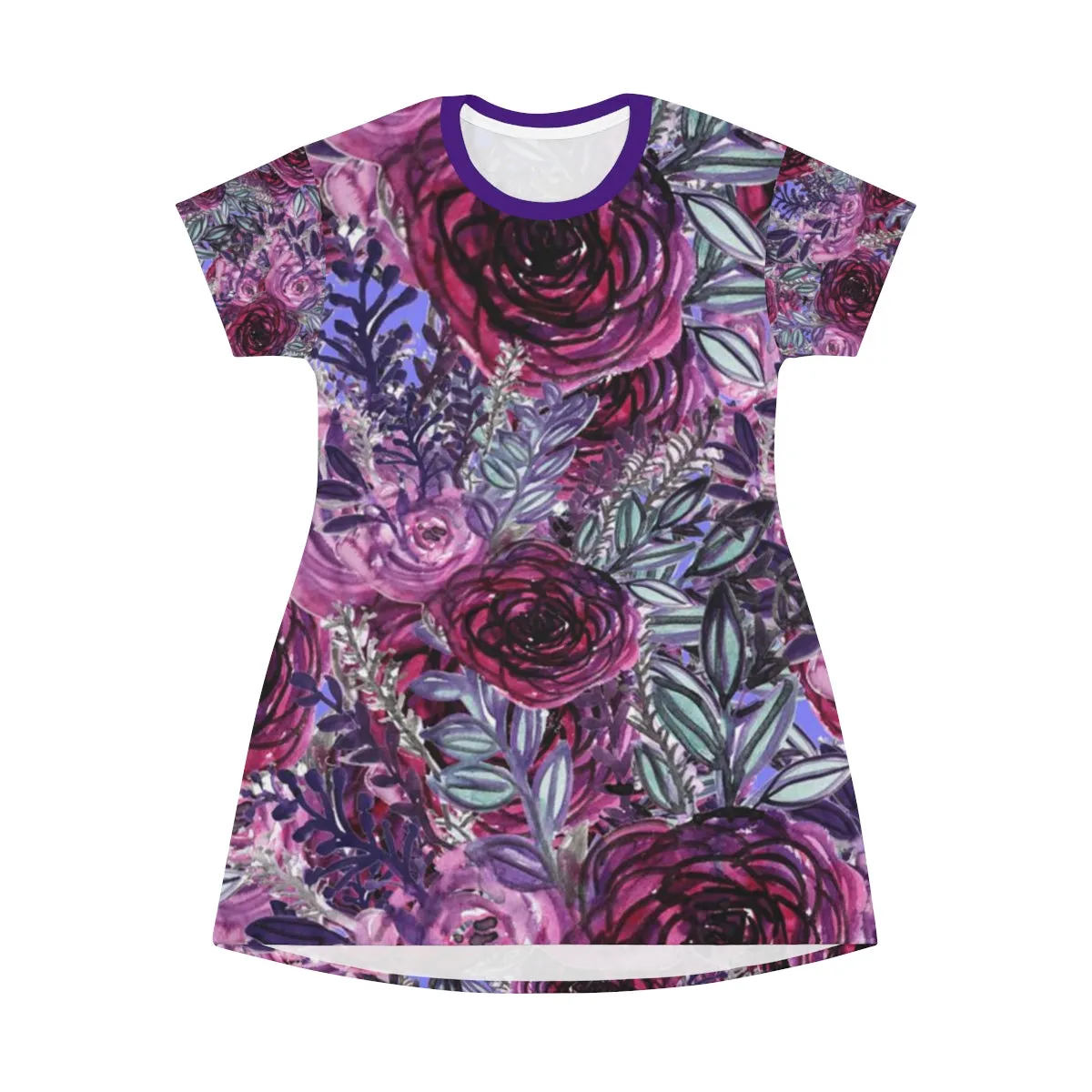 Purple Pink T-Shirt Dress, Rose Floral Print Women's Long T-Shirt Dress- Made in USA(US Size:XS-2XL)