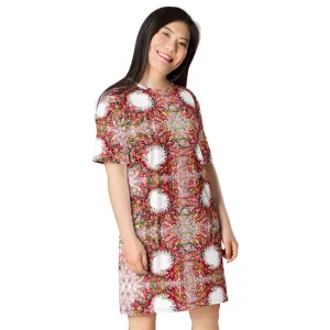 Red Floral T-Shirt Dress, Fall Theme Flower Print Women's Tee Long Oversize Comfy Dress-Made in USA/EU