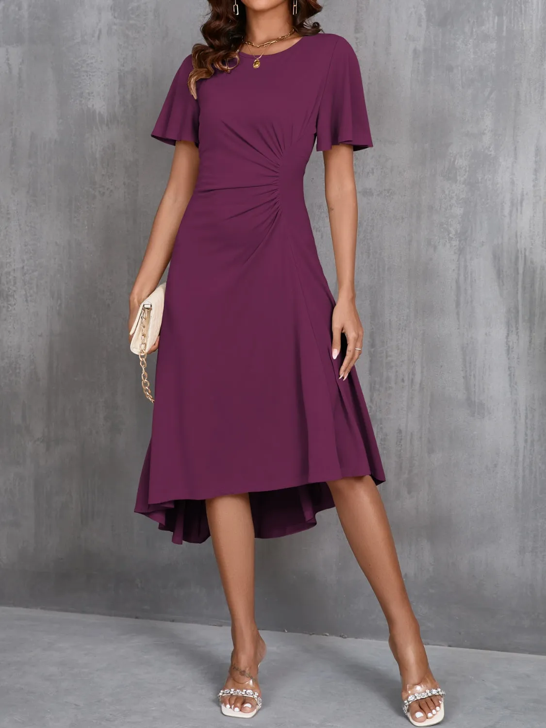 Round Neck Flutter Sleeve Midi Office Dress