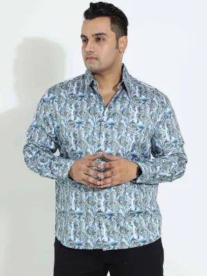 Royal White Blue Diamond Printed Silk Full Shirt Men's Plus Size