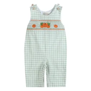 Sage Green Plaid Pumpkin Smocked Overalls