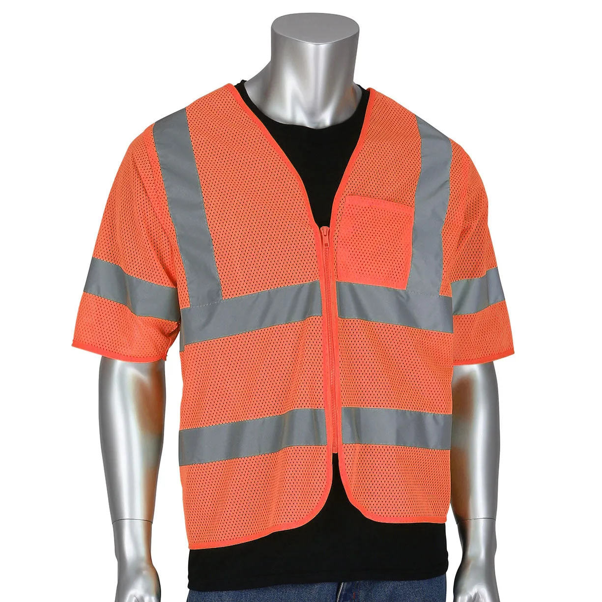 Style 1327 | Economy Safety Vest: Hi-Vis Orange Vest: Zip Mesh : ANSI 3