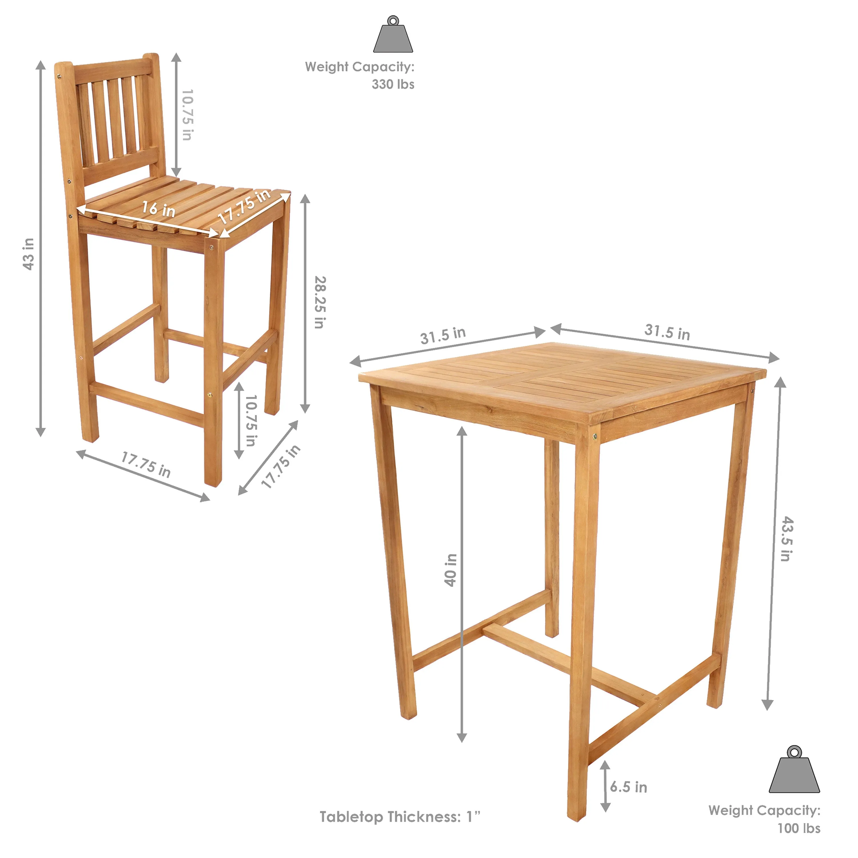 Sunnydaze 3-Piece Wood Patio Bar-Height Table and Chairs