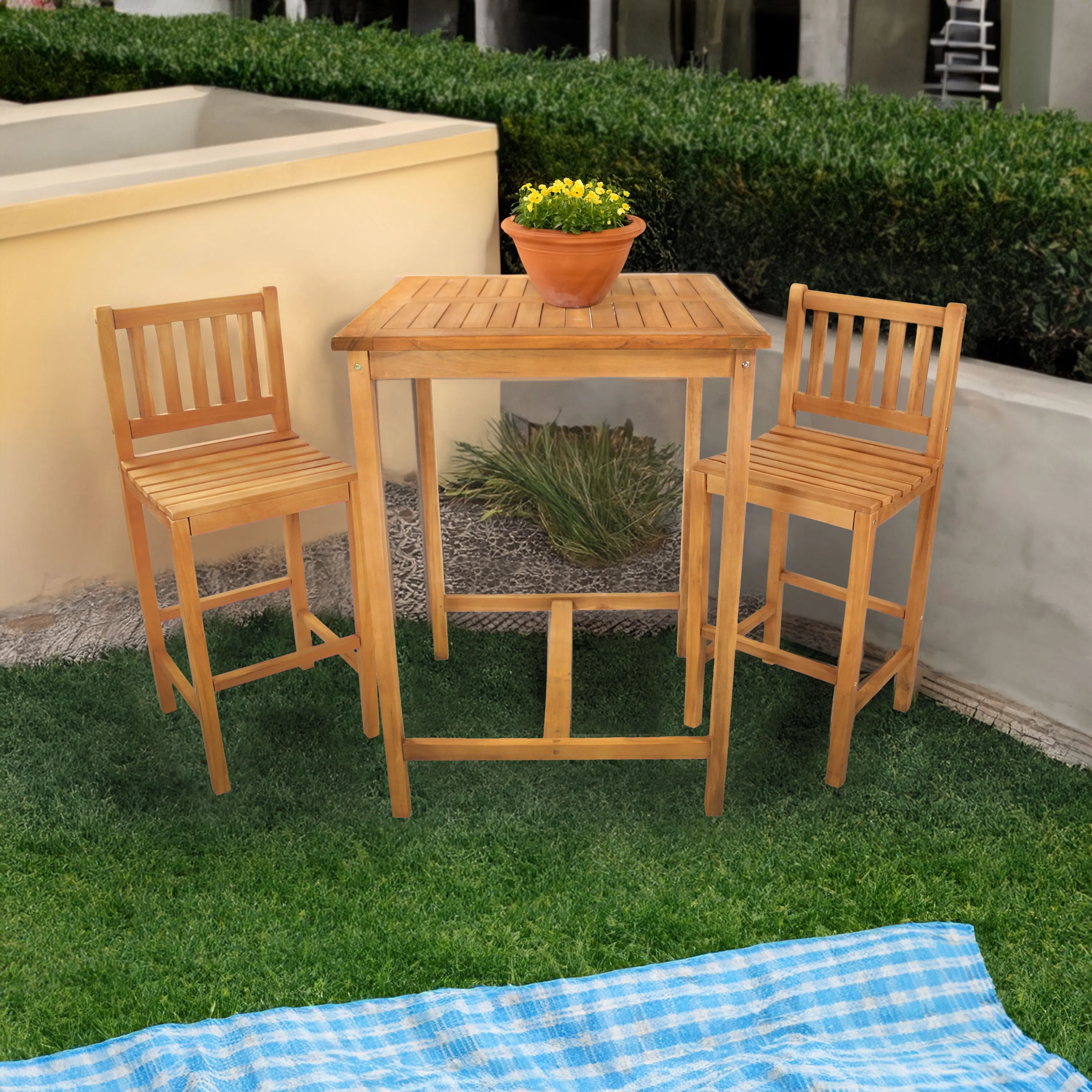 Sunnydaze 3-Piece Wood Patio Bar-Height Table and Chairs