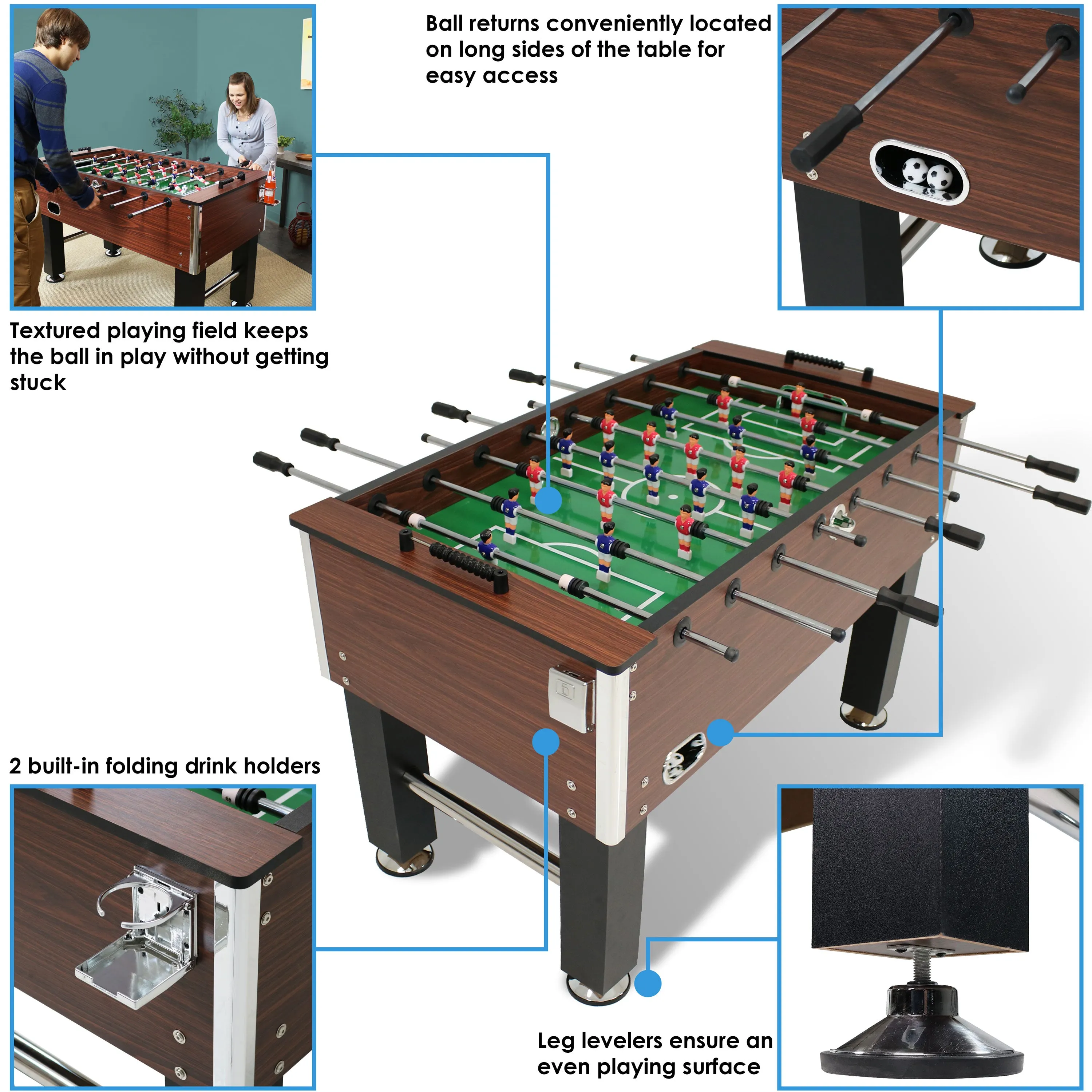 Sunnydaze 55" Faux Wood Foosball Table with Folding Drink Holders