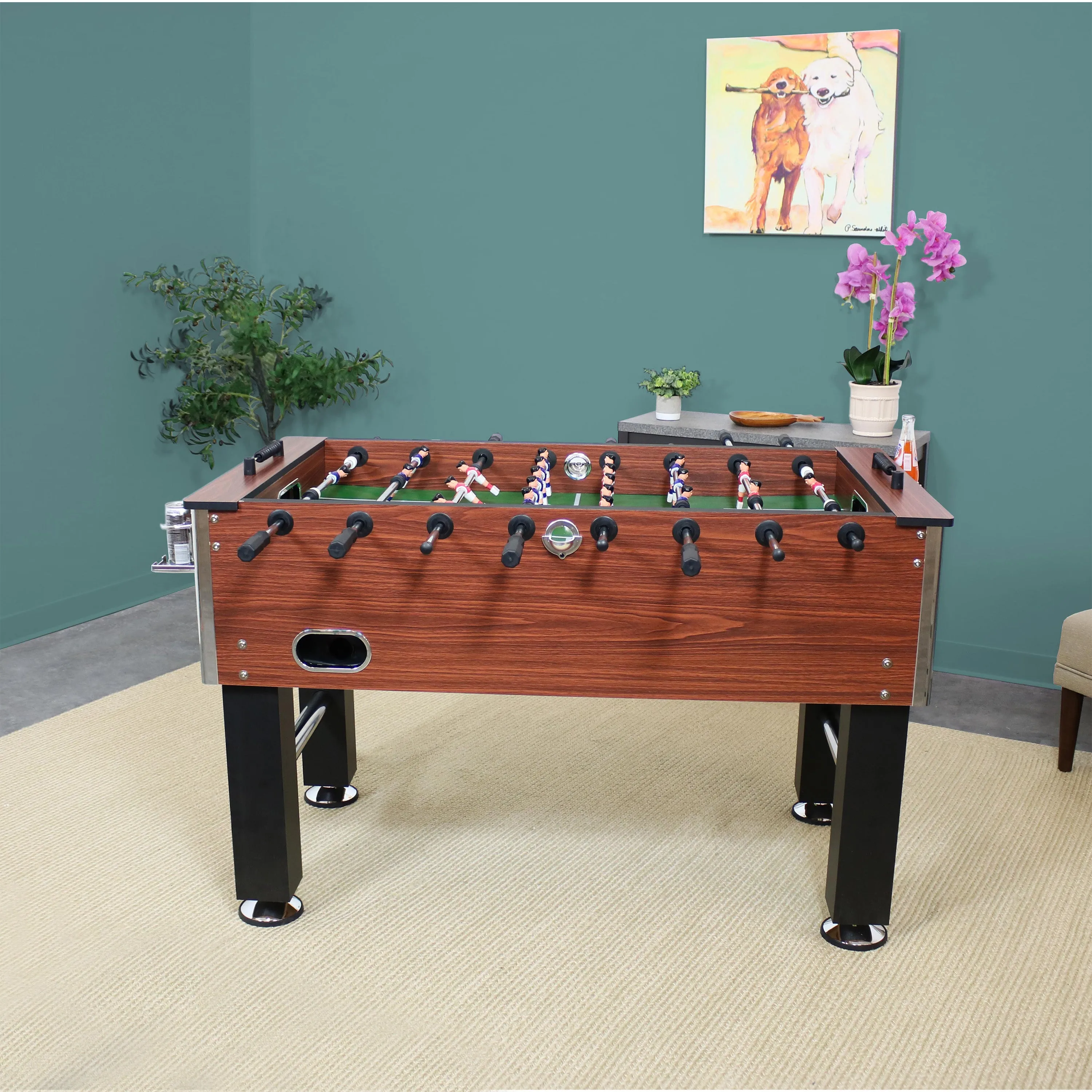 Sunnydaze 55" Faux Wood Foosball Table with Folding Drink Holders