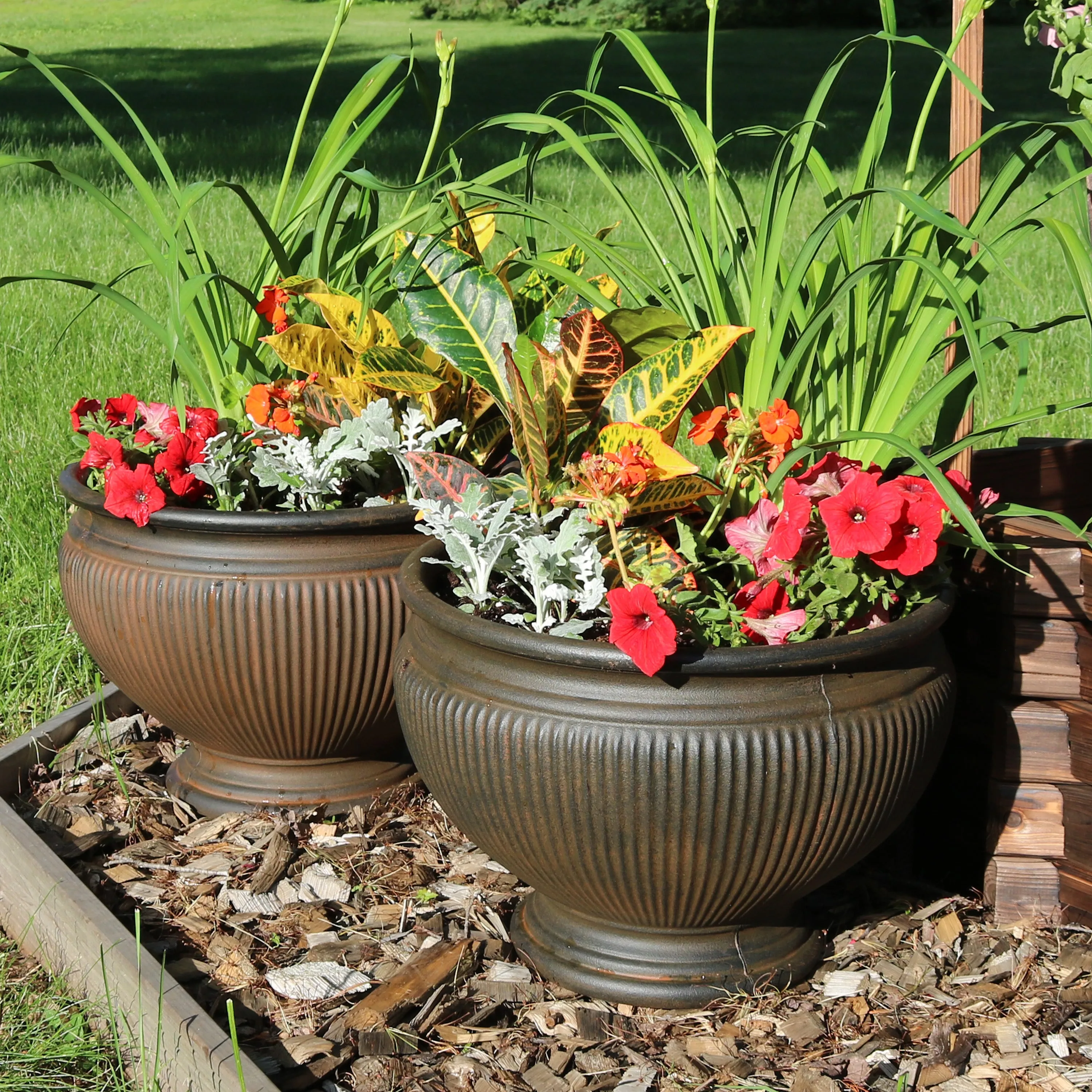 Sunnydaze Elizabeth Polyresin Outdoor Ribbed Urn Planter Pot - Rust