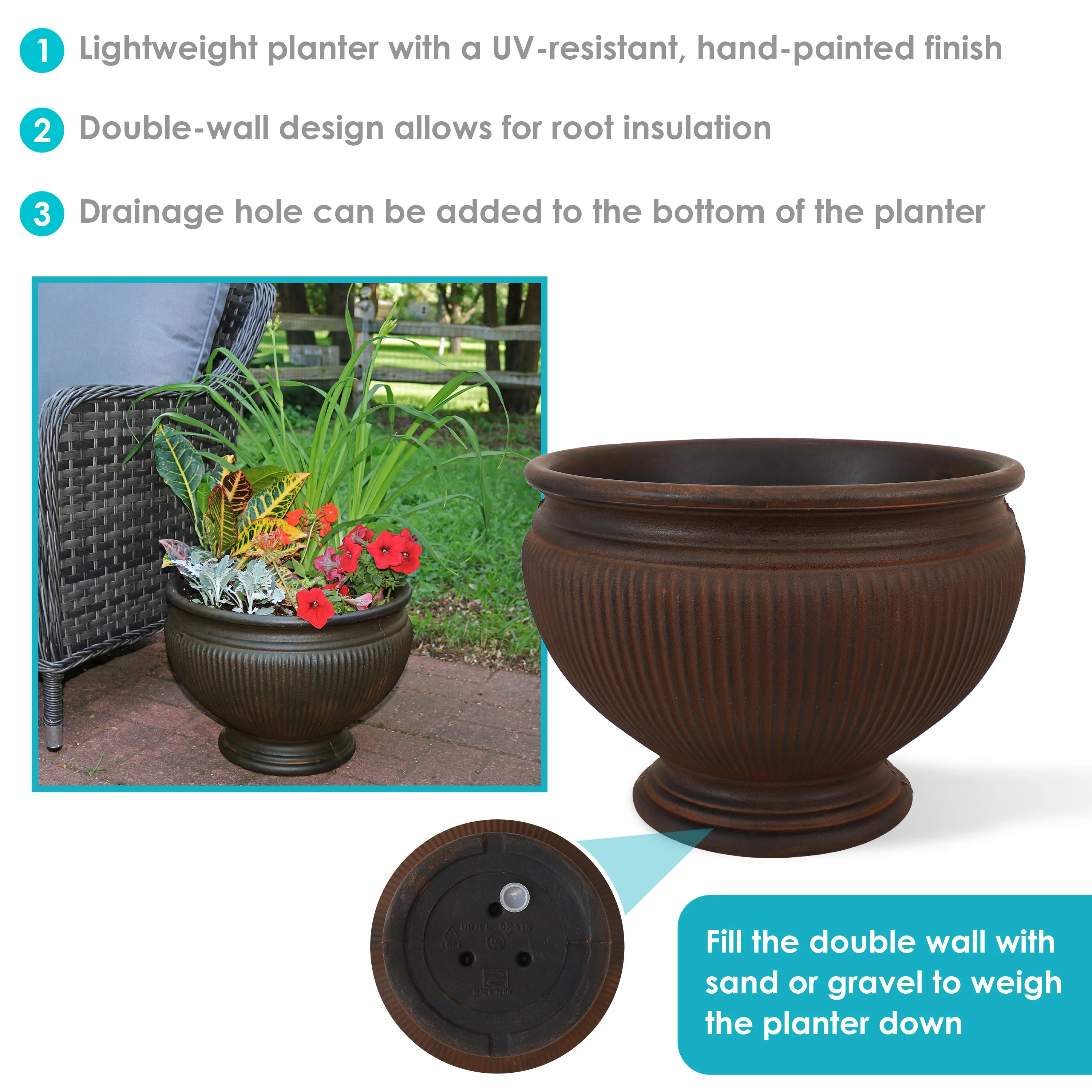 Sunnydaze Elizabeth Polyresin Outdoor Ribbed Urn Planter Pot - Rust