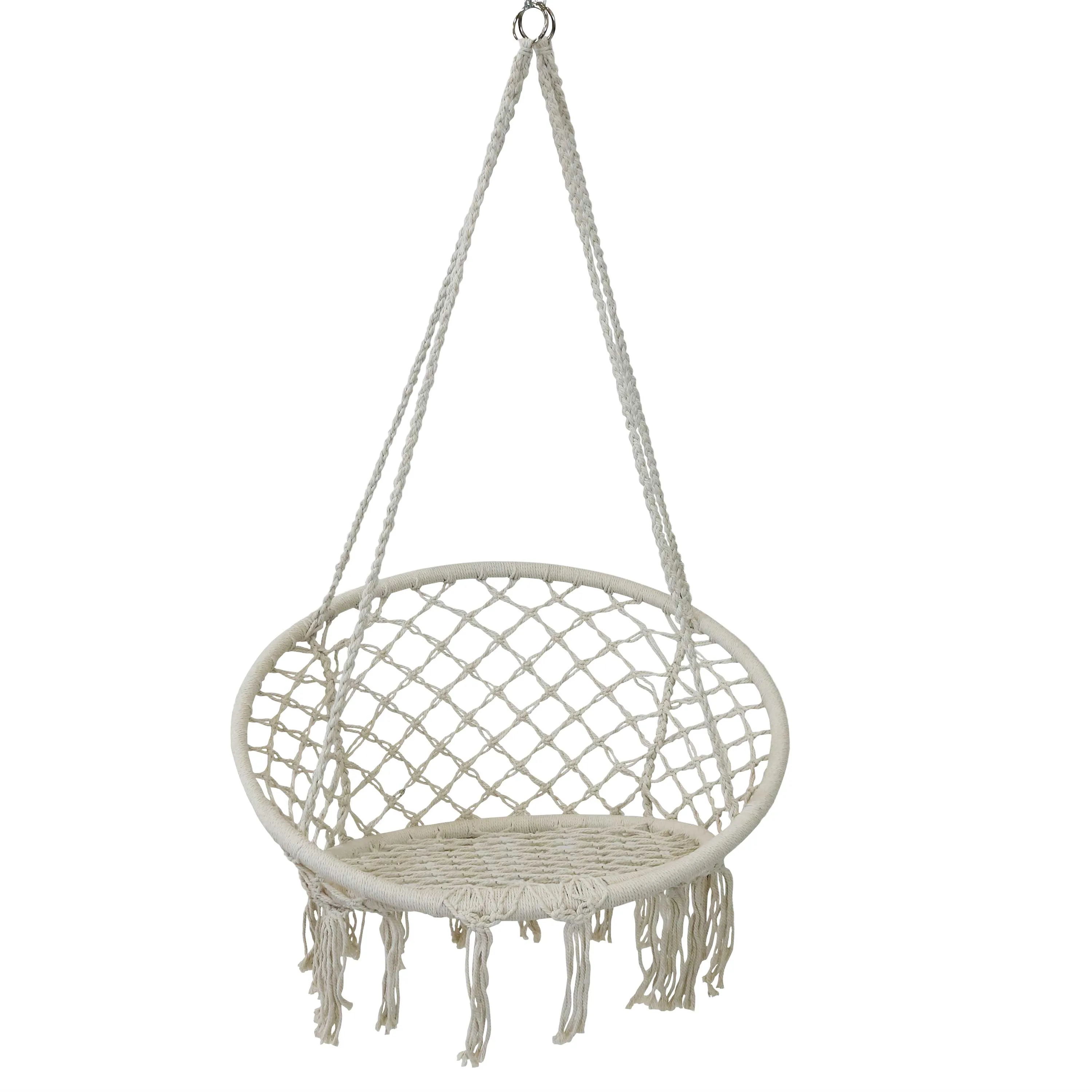 Sunnydaze Macrame Hanging Hammock Chair with Tassels and Cushion - White