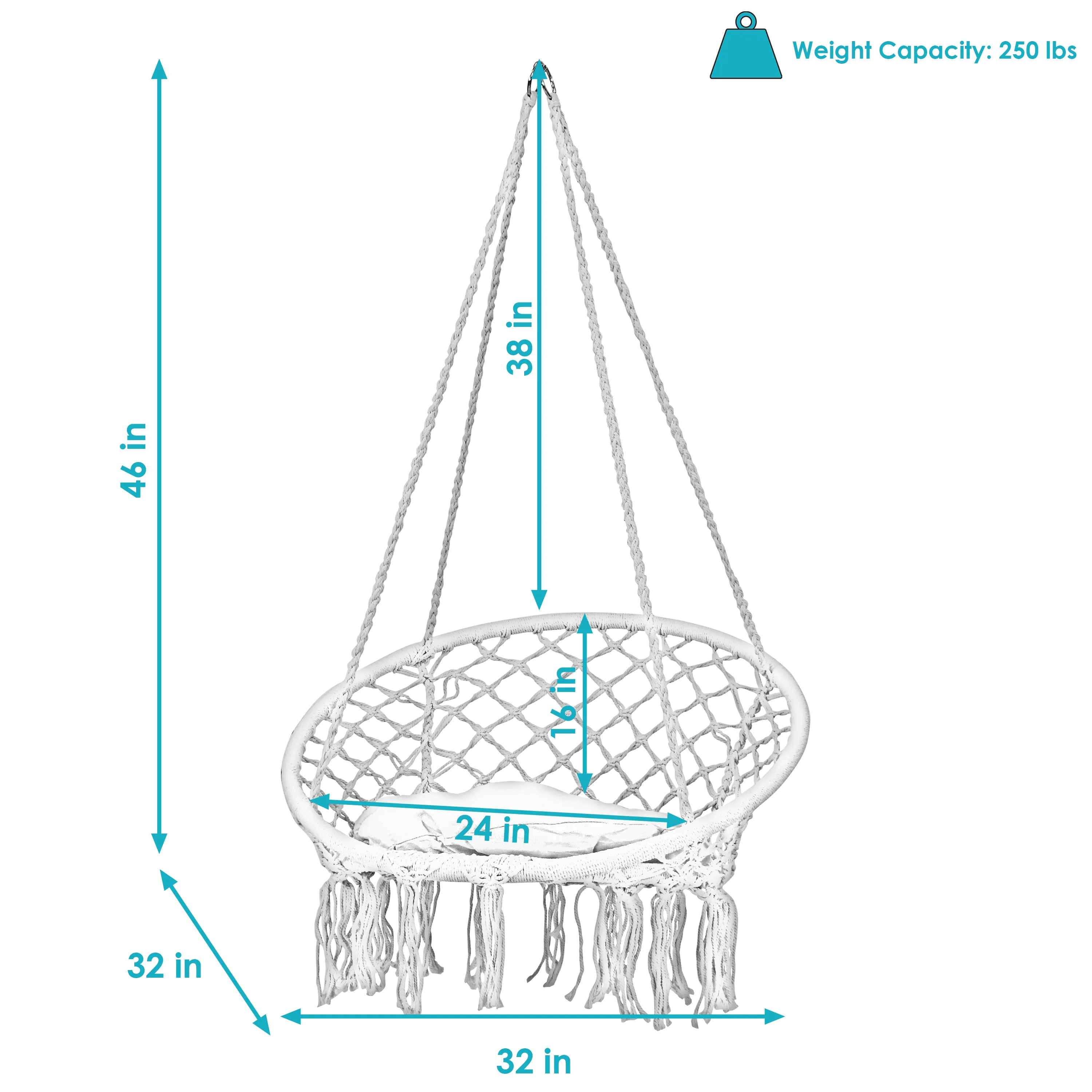 Sunnydaze Macrame Hanging Hammock Chair with Tassels and Cushion - White