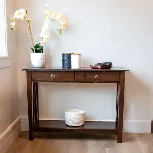 Sunnydaze Pine Wood Console Table with Drawers and Shelf - Dark Brown