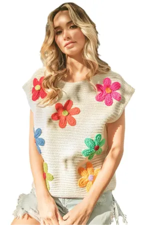 TEEK - Ivory Multi Crochet Flower Embroidery Knit Top