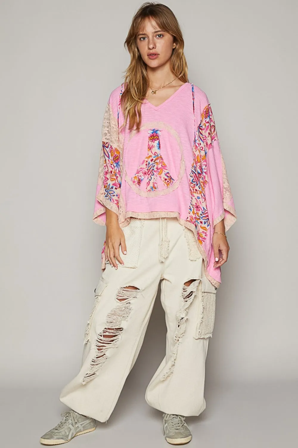 V-Neck Floral Print Peace Patch Lace Hooded Top