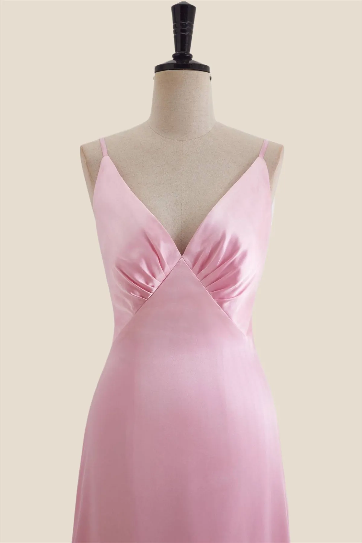 V Neck Pink Satin A-line Long Party Dress