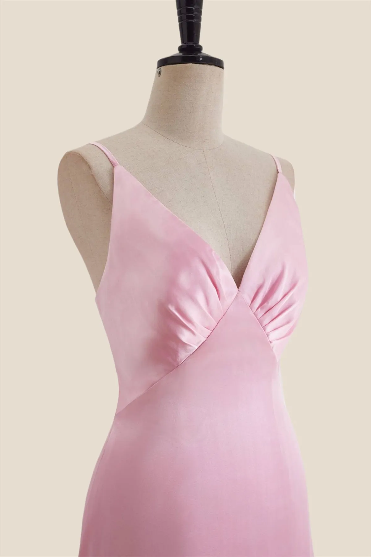 V Neck Pink Satin A-line Long Party Dress