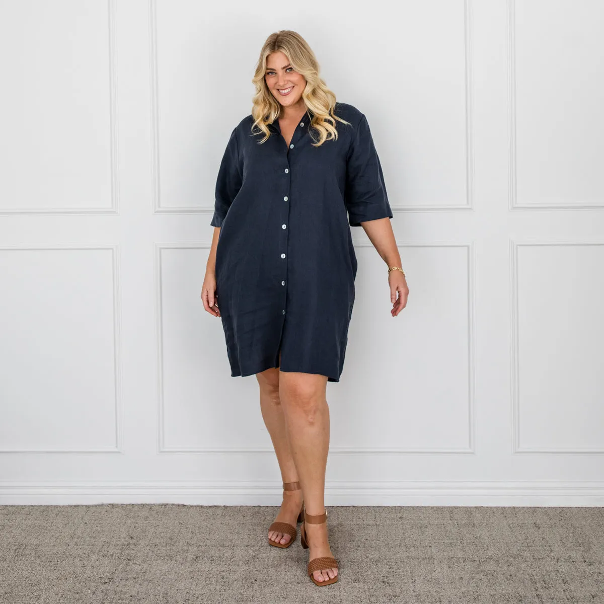 Veronica linen shirt dress - navy