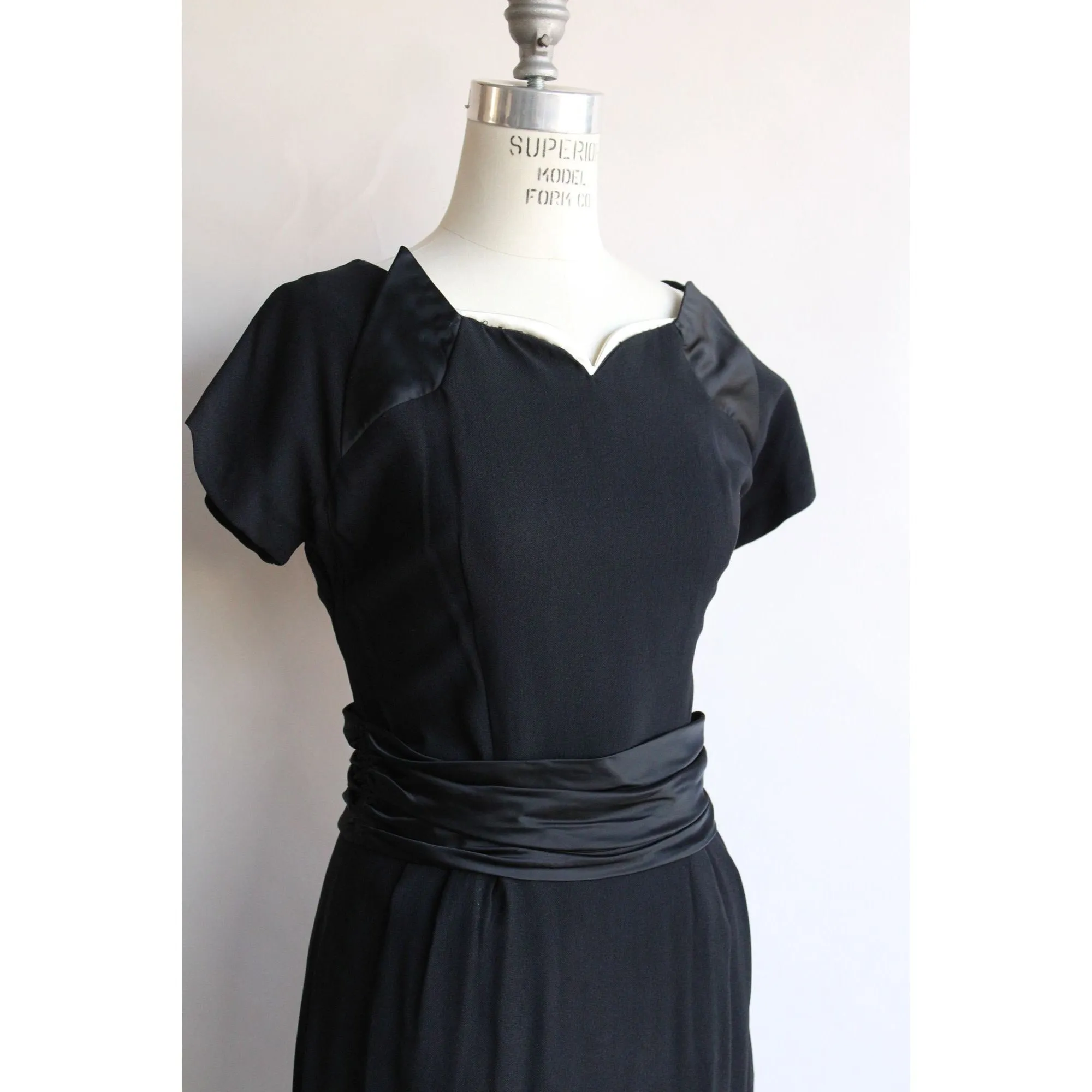 Vintage 1950s  Black Rayon Dress With Cummerbund Belt and Sweetheart Neckline