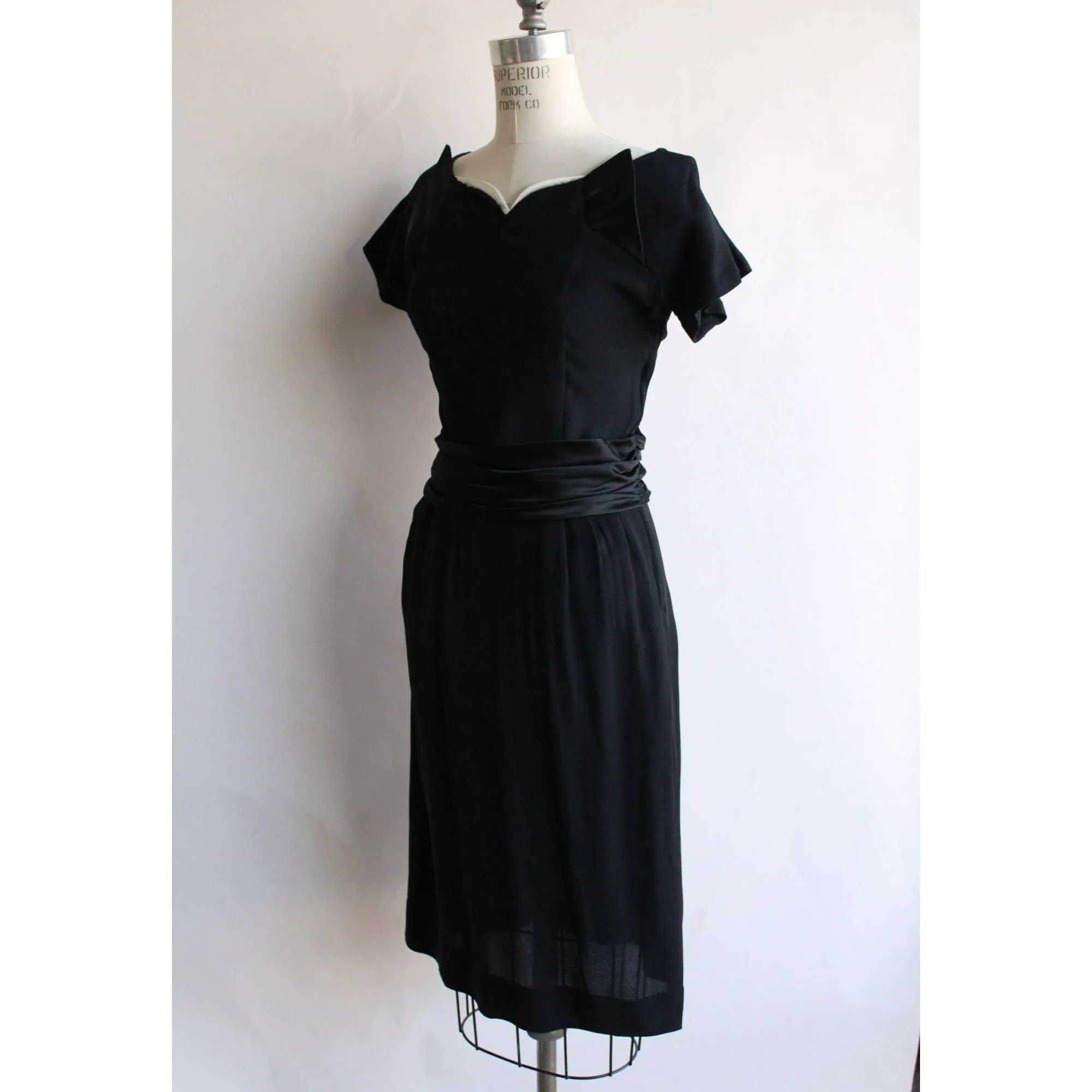 Vintage 1950s  Black Rayon Dress With Cummerbund Belt and Sweetheart Neckline