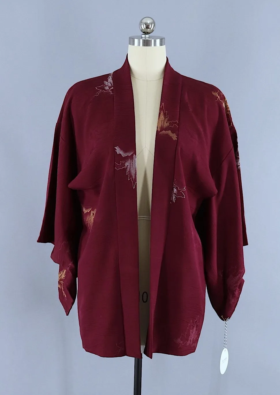 Vintage 1960s Silk Haori Kimono Cardigan Jacket / Dark Red Urushi Embroidered