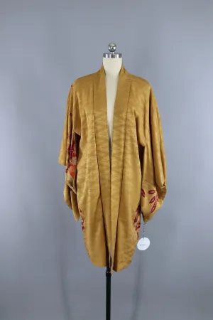 Vintage Silk Kimono Jacket / Gold and Maroon Shibori Floral