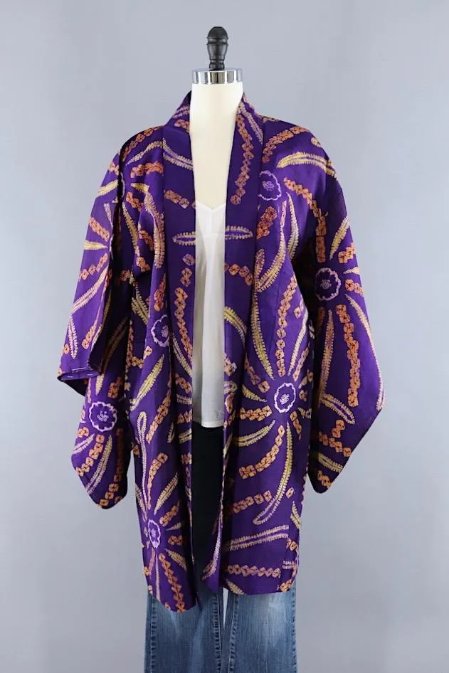 Vintage Silk Kimono Robe / Purple Gold Shibori