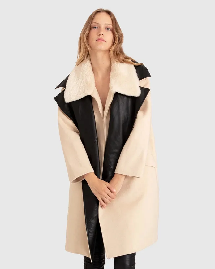 Watch Me Go Oversized Leather Trimmed Coat - Pale Oat