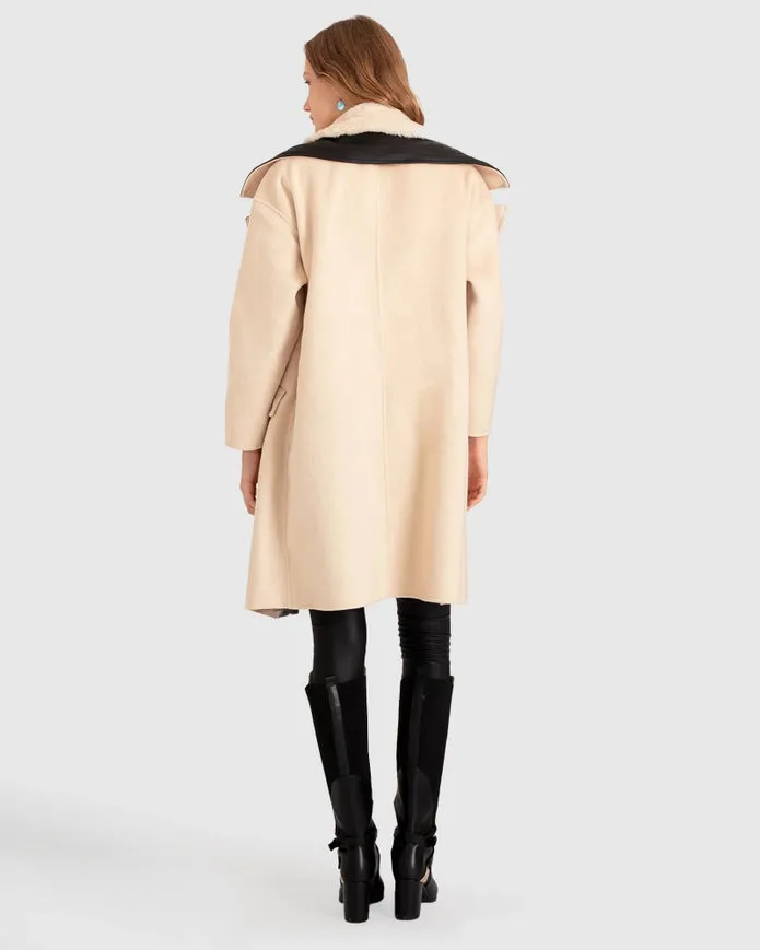 Watch Me Go Oversized Leather Trimmed Coat - Pale Oat