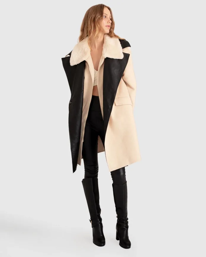 Watch Me Go Oversized Leather Trimmed Coat - Pale Oat