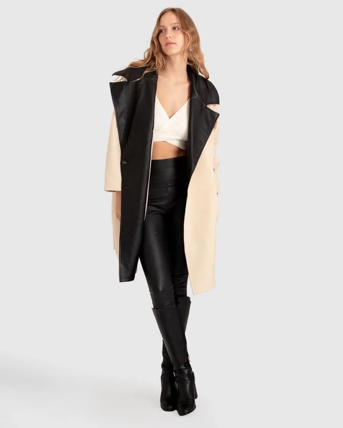 Watch Me Go Oversized Leather Trimmed Coat - Pale Oat