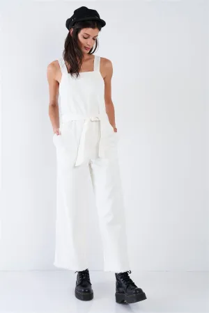 White Denim Raw Hem Wide Leg Waist Sash Jean Overalls  /1-1-2-1