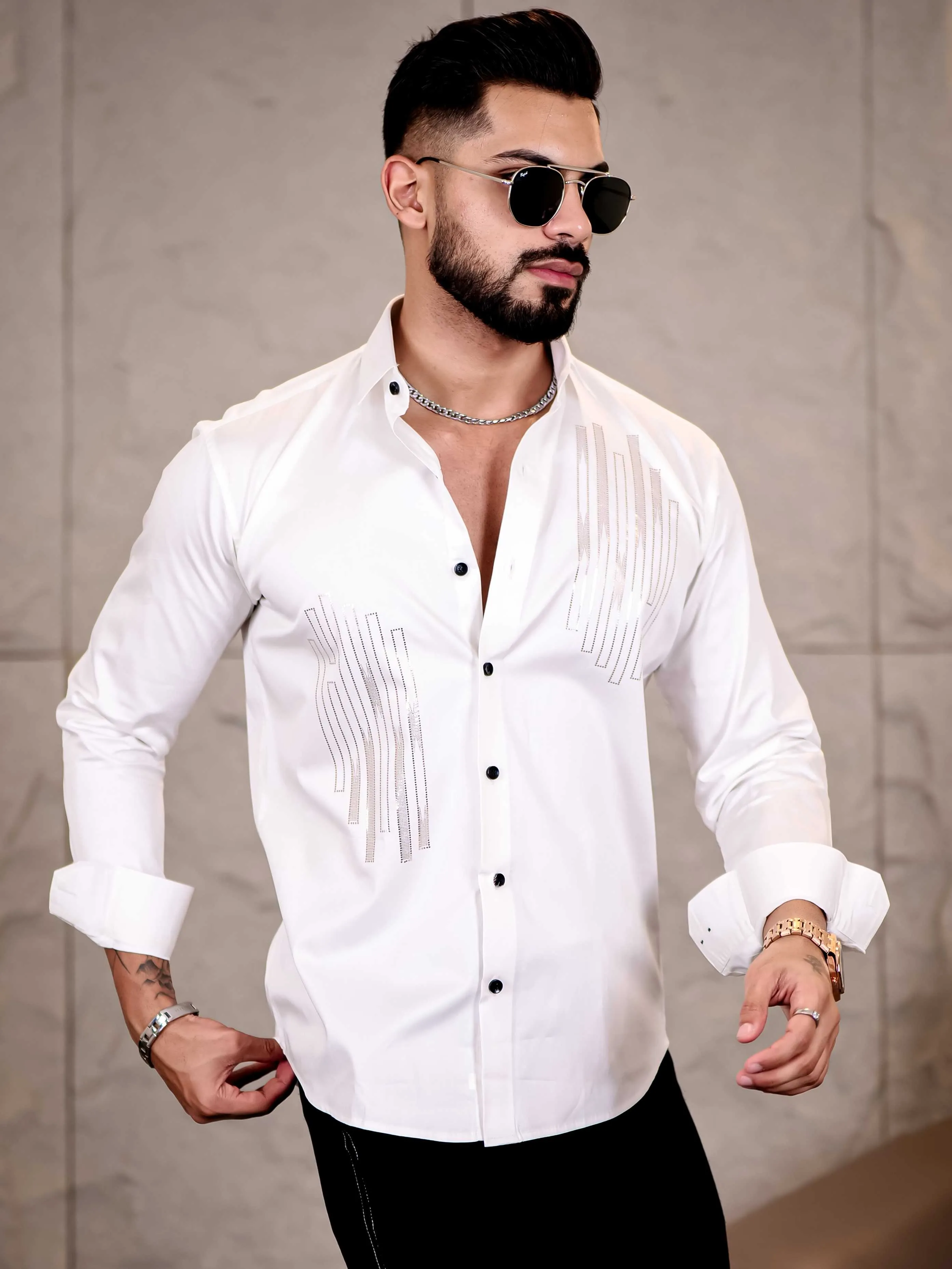 White Sequence Club Wear Satin Cotton Party Shirt