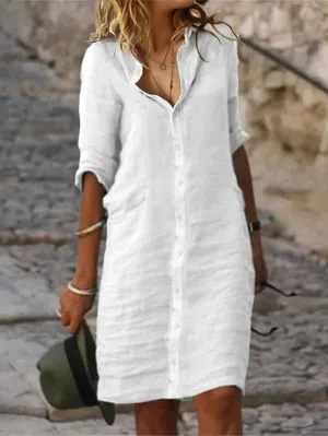 Women's Shirt Dress Casual Dress Cotton Linen Dress Midi Dress Cotton Blend Fashion Classic Outdoor Daily Shirt Collar Button Half Sleeve Summer Spring Fall 2023 Regular Fit Black White Gray Plain S